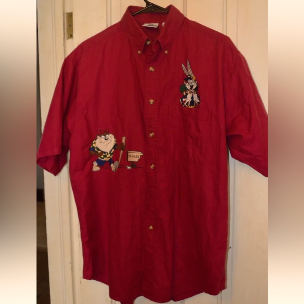 Vintage ACME 1994 Bugs Bunny & Taz Men’s Medium Warner Bros Red Button Up Shirt